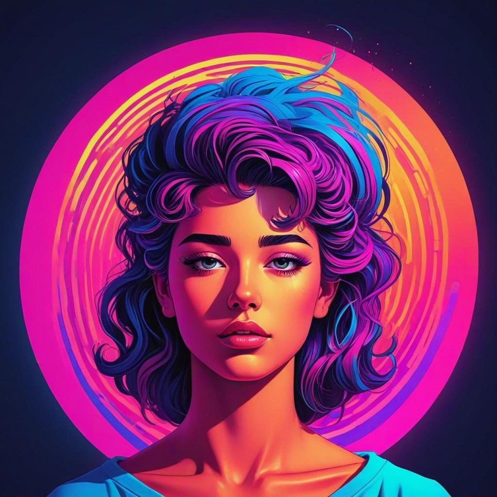 woman, face, comic art, neon, digital art, surreal, pop art, imagination, retro, modern art, colorful, hair, blue eyes, purple, pastel, art, fantasy, portrait